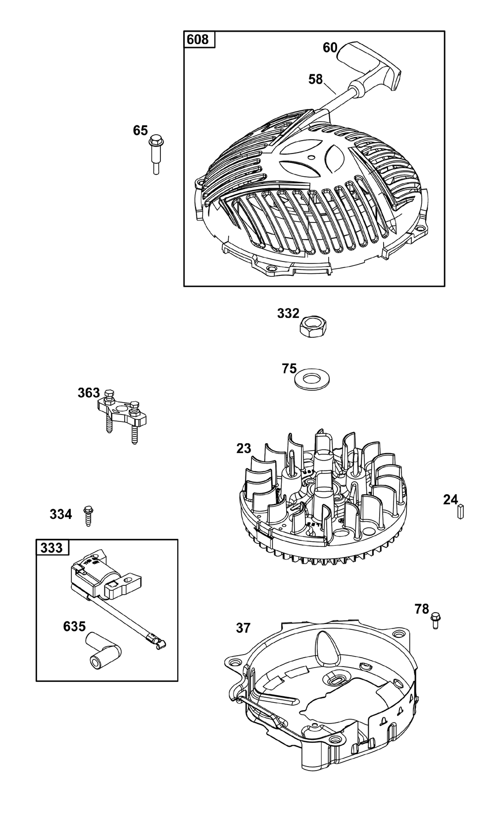 Flywheel, Ignition, And Starter Group Diagram and Parts List for 125P02-0071-H5 100000 - 19Z999 Briggs and Stratton Engine